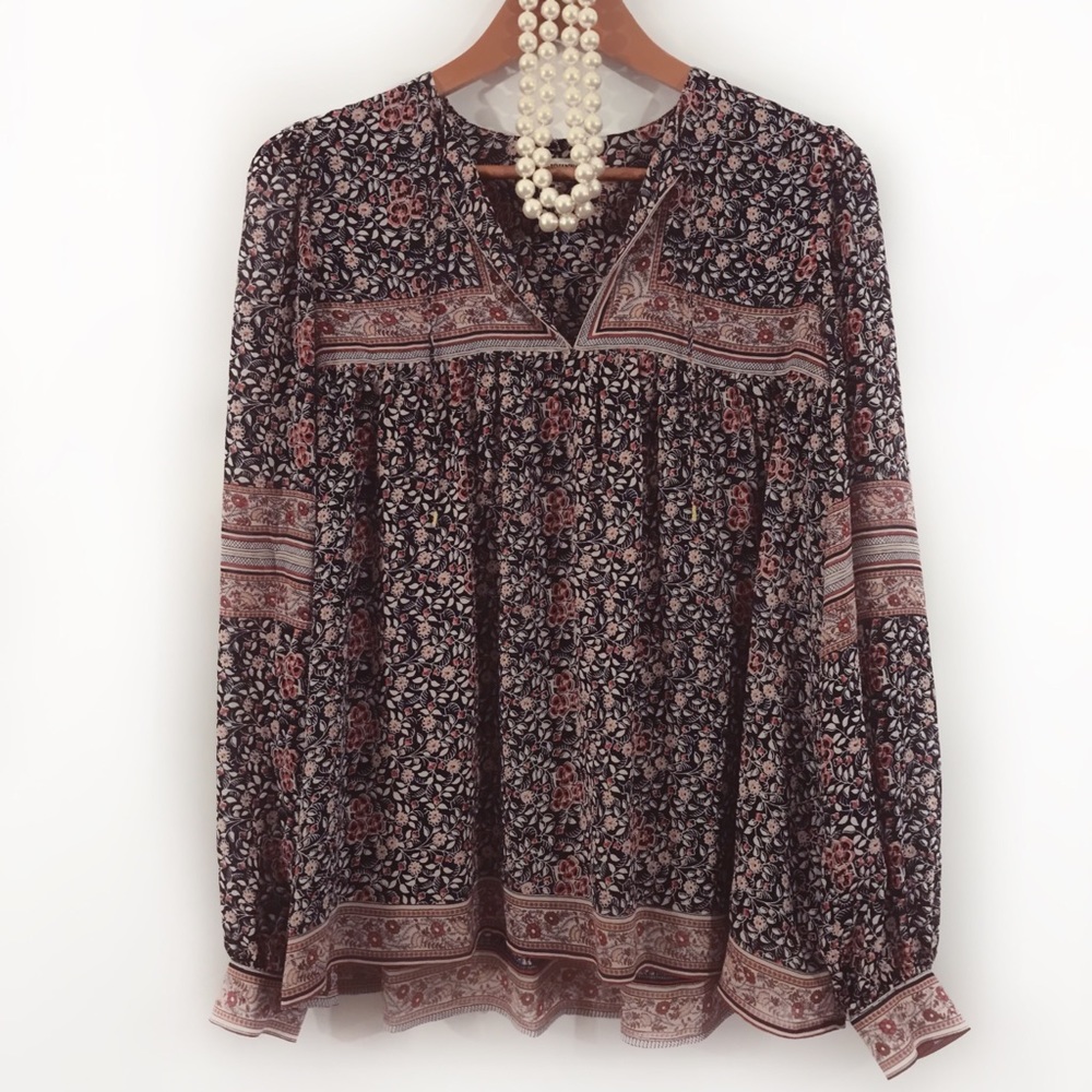 ULLA JOHNSON Soleil Silk Long Sleeve Floral Blouse Navy Blush Pink